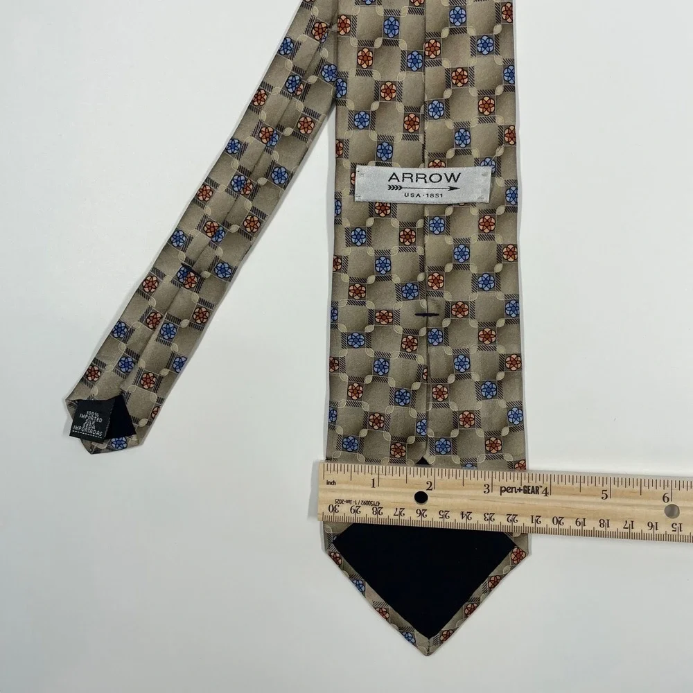 Arrow Tan Geometric Floral Silk Necktie Mens One Size